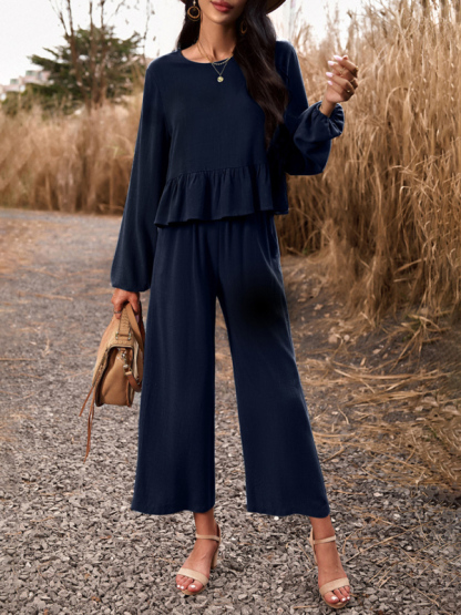 Temperament casual suit solid color long-sleeved top loose trousers-chiquechics