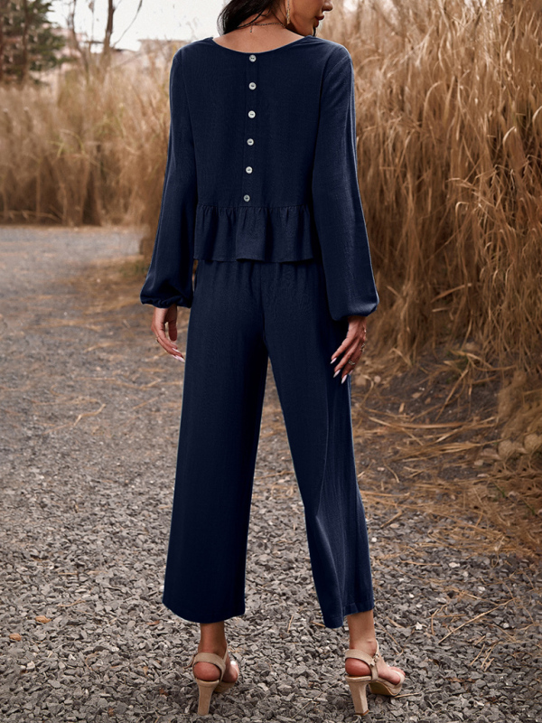 Temperament casual suit solid color long-sleeved top loose trousers-chiquechics