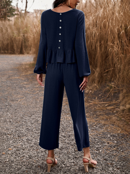 Temperament casual suit solid color long-sleeved top loose trousers-chiquechics