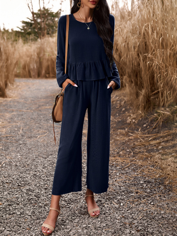 Temperament casual suit solid color long-sleeved top loose trousers-chiquechics