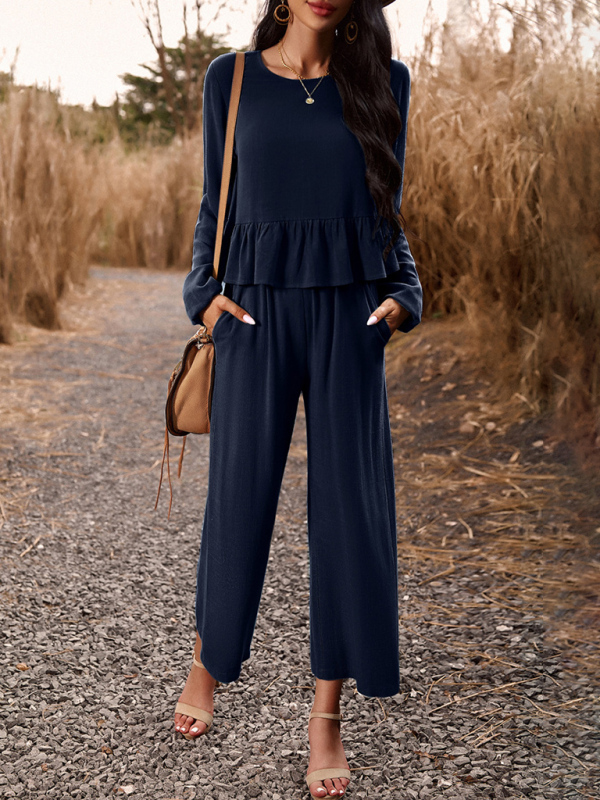 Temperament casual suit solid color long-sleeved top loose trousers-chiquechics