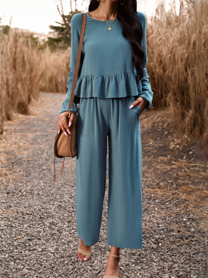 Temperament casual suit solid color long-sleeved top loose trousers-chiquechics