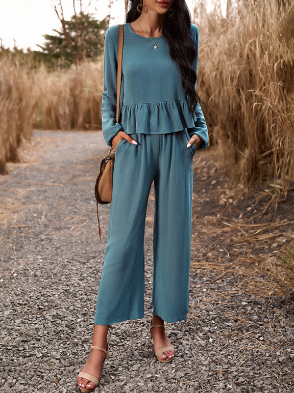 Temperament casual suit solid color long-sleeved top loose trousers-chiquechics