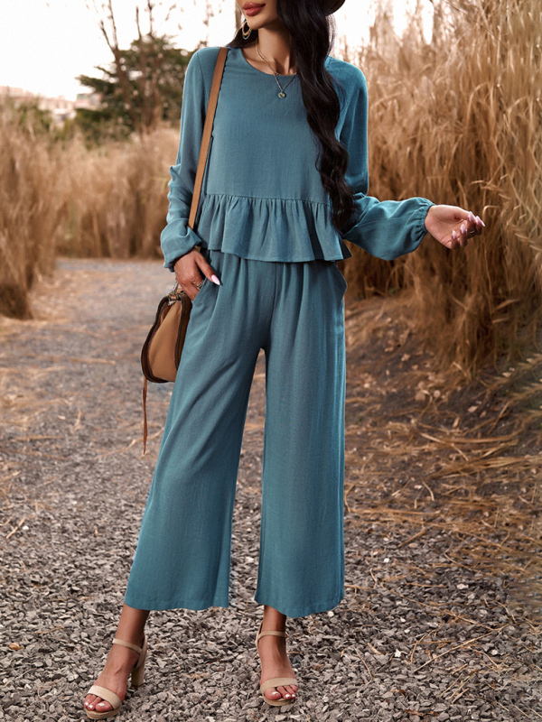 Temperament casual suit solid color long-sleeved top loose trousers-chiquechics