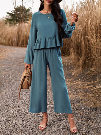 Temperament casual suit solid color long-sleeved top loose trousers-chiquechics