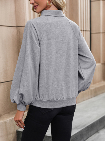 New long sleeve lapel solid color sweatshirt-chiquechics