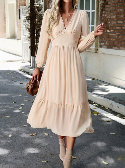 Elegant lace solid color V-neck dress-chiquechics