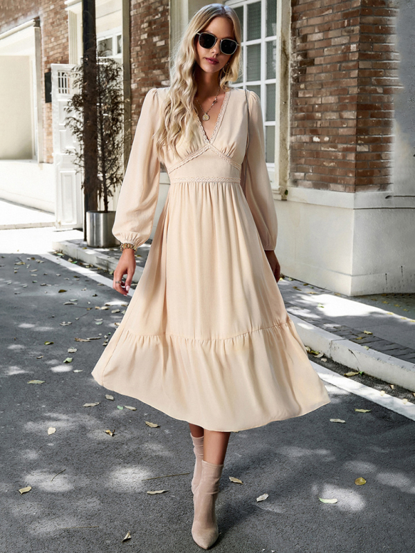 Elegant lace solid color V-neck dress-chiquechics