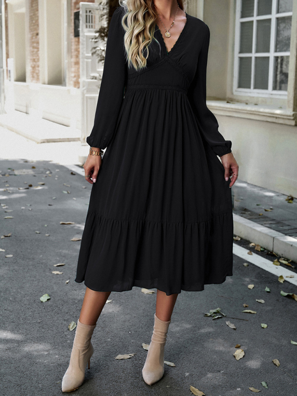 Elegant lace solid color V-neck dress-chiquechics