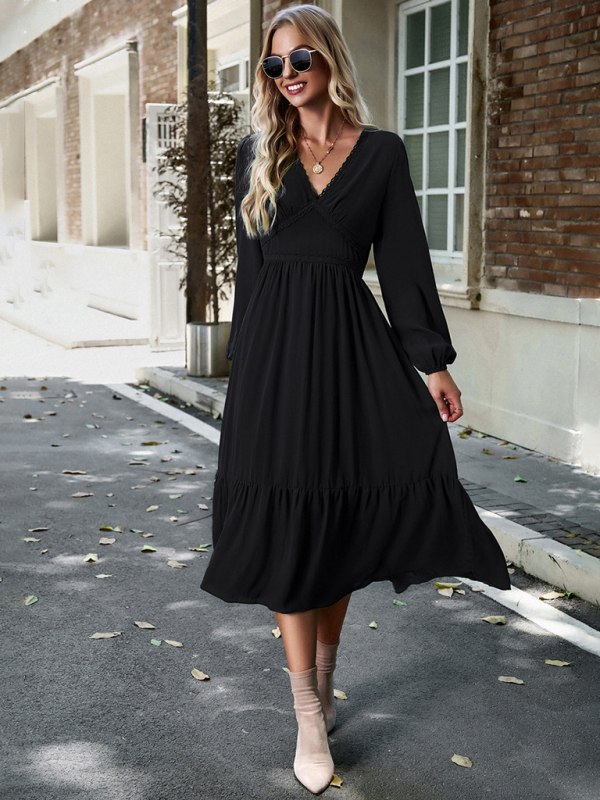 Elegant lace solid color V-neck dress-chiquechics