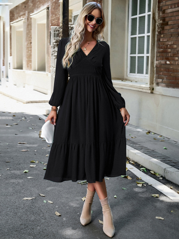 Elegant lace solid color V-neck dress-chiquechics