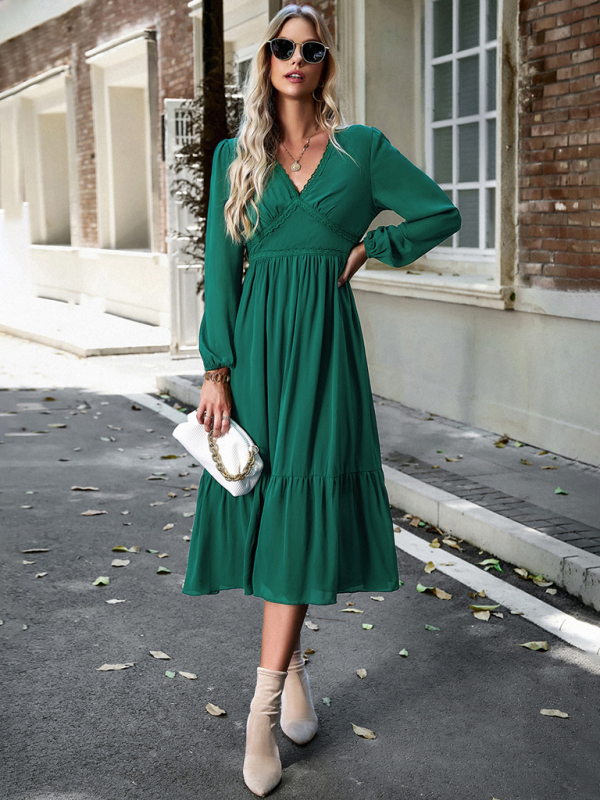 Elegant lace solid color V-neck dress-chiquechics