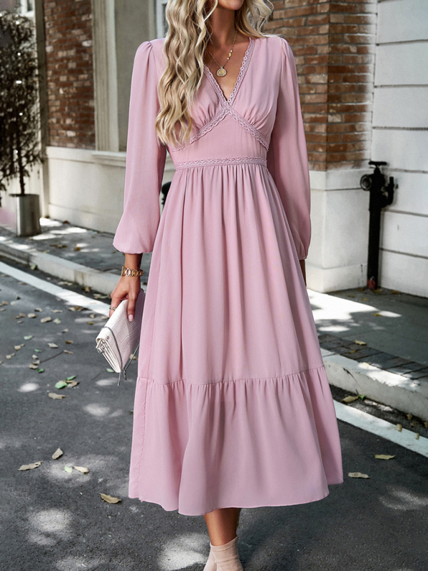 Elegant lace solid color V-neck dress-chiquechics