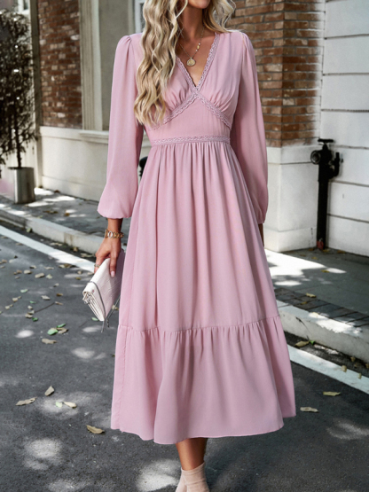 Elegant lace solid color V-neck dress-chiquechics