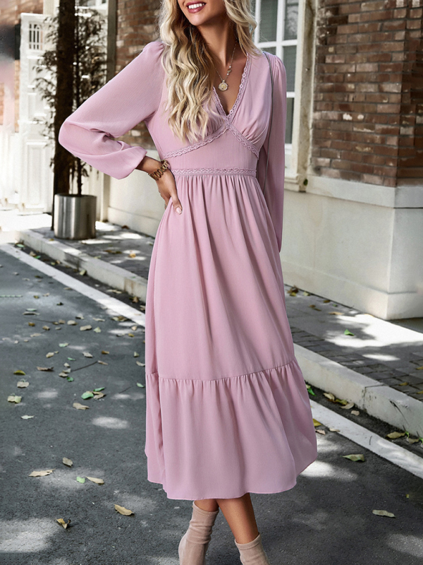 Elegant lace solid color V-neck dress-chiquechics