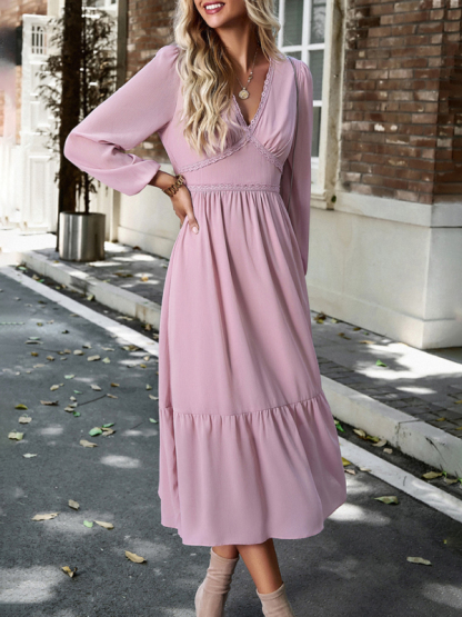 Elegant lace solid color V-neck dress-chiquechics
