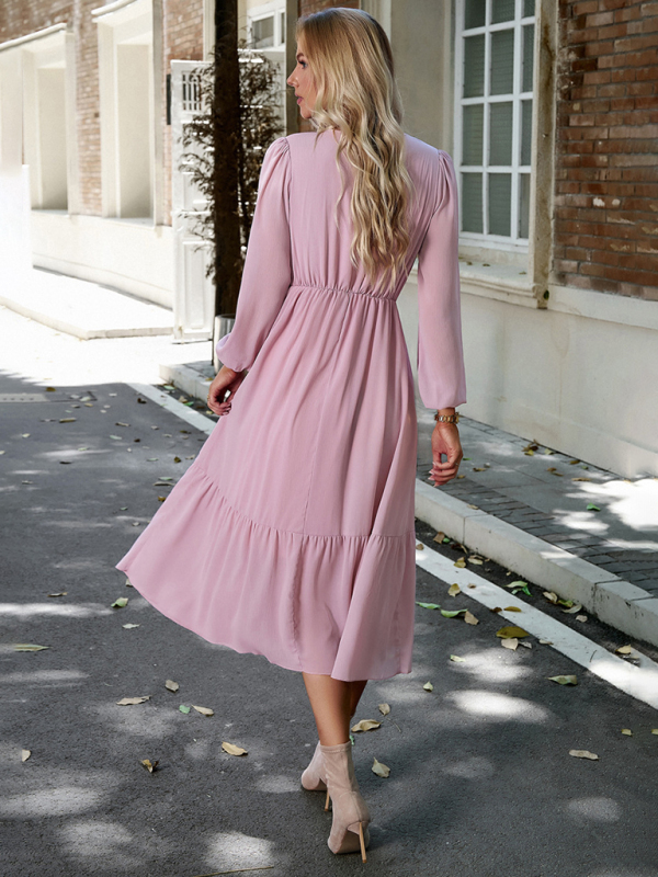 Elegant lace solid color V-neck dress-chiquechics