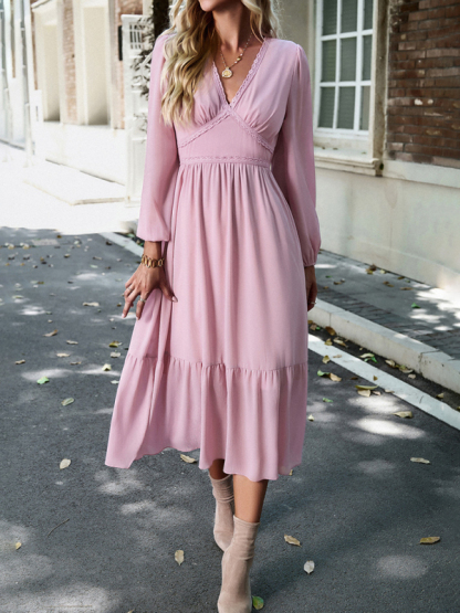 Elegant lace solid color V-neck dress-chiquechics