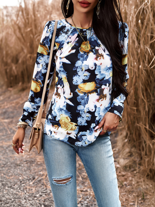 Casual Printed Round Neck Long Sleeve Top-chiquechics