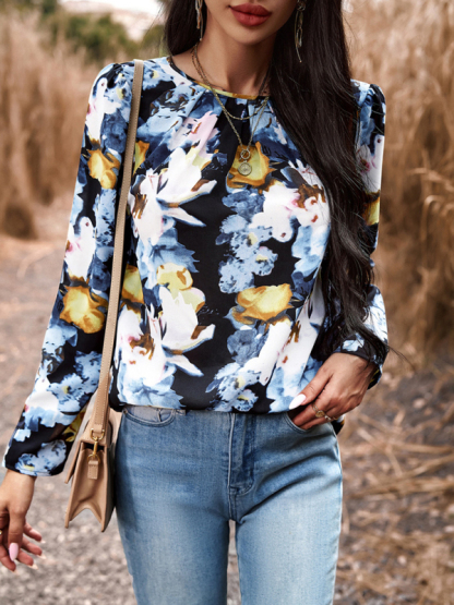 Casual Printed Round Neck Long Sleeve Top-chiquechics