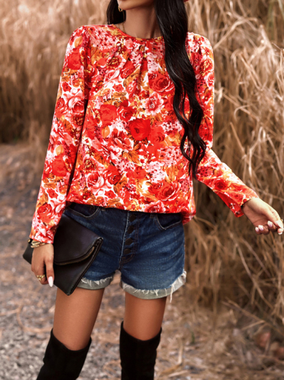 Casual Printed Round Neck Long Sleeve Top-chiquechics