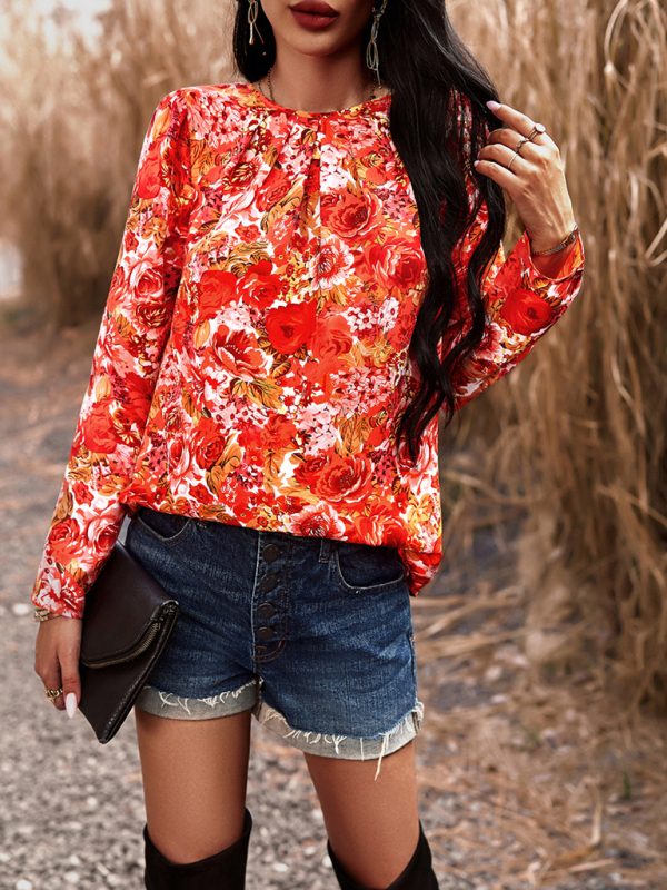 Casual Printed Round Neck Long Sleeve Top-chiquechics