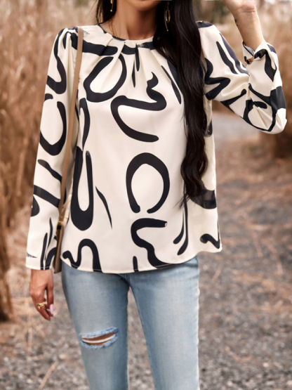 Casual Printed Round Neck Long Sleeve Top-chiquechics