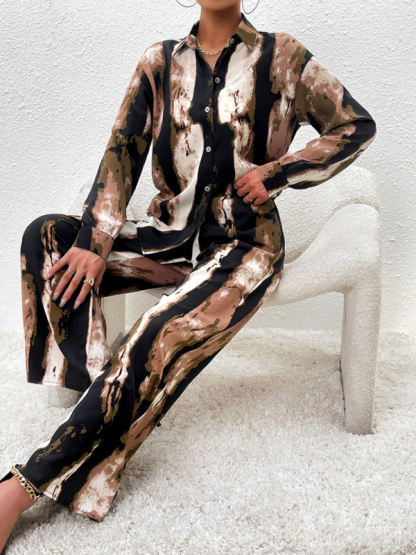 Casual printed suit long-sleeved tops and trousers two pieces set-chiquechics