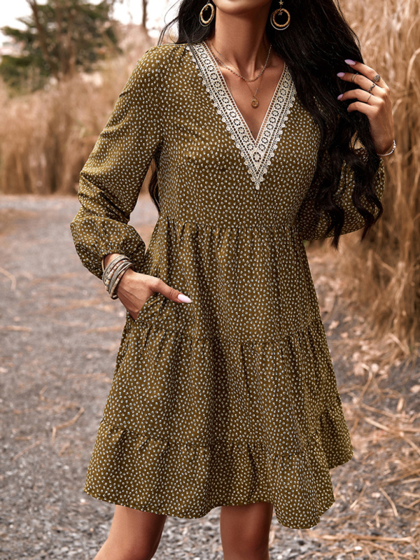 Floral Print Casual V-Neck Long-Sleeved Dress-chiquechics