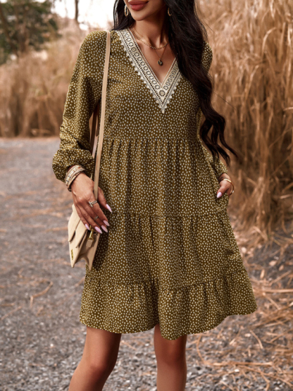 Floral Print Casual V-Neck Long-Sleeved Dress-chiquechics