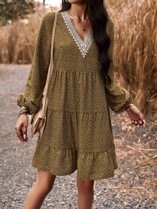 Floral Print Casual V-Neck Long-Sleeved Dress-chiquechics
