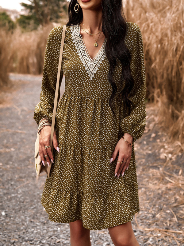 Floral Print Casual V-Neck Long-Sleeved Dress-chiquechics