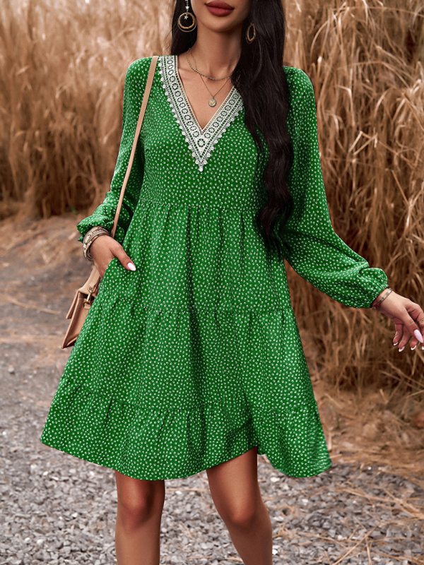 Floral Print Casual V-Neck Long-Sleeved Dress-chiquechics