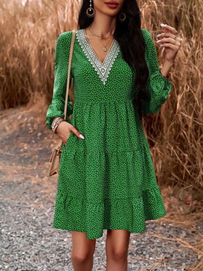 Floral Print Casual V-Neck Long-Sleeved Dress-chiquechics