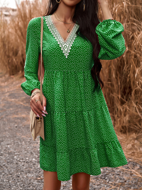 Floral Print Casual V-Neck Long-Sleeved Dress-chiquechics