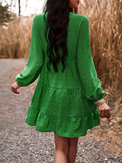 Floral Print Casual V-Neck Long-Sleeved Dress-chiquechics