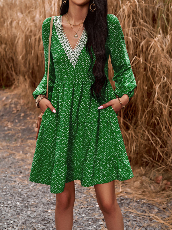 Floral Print Casual V-Neck Long-Sleeved Dress-chiquechics