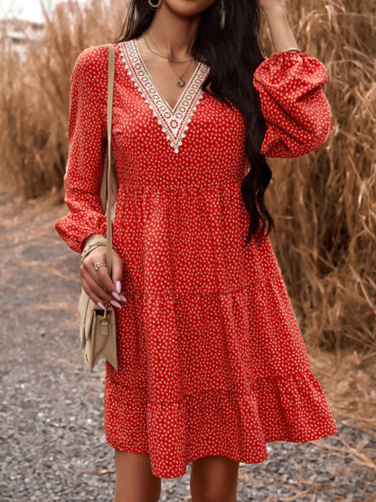 Floral Print Casual V-Neck Long-Sleeved Dress-chiquechics