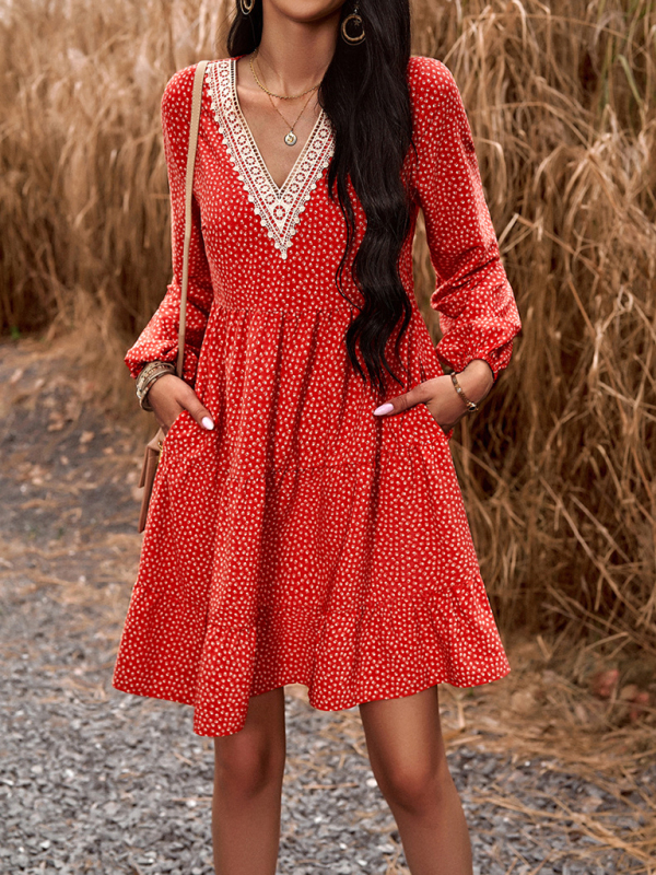 Floral Print Casual V-Neck Long-Sleeved Dress-chiquechics
