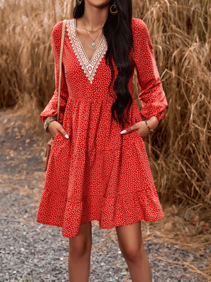 Floral Print Casual V-Neck Long-Sleeved Dress-chiquechics