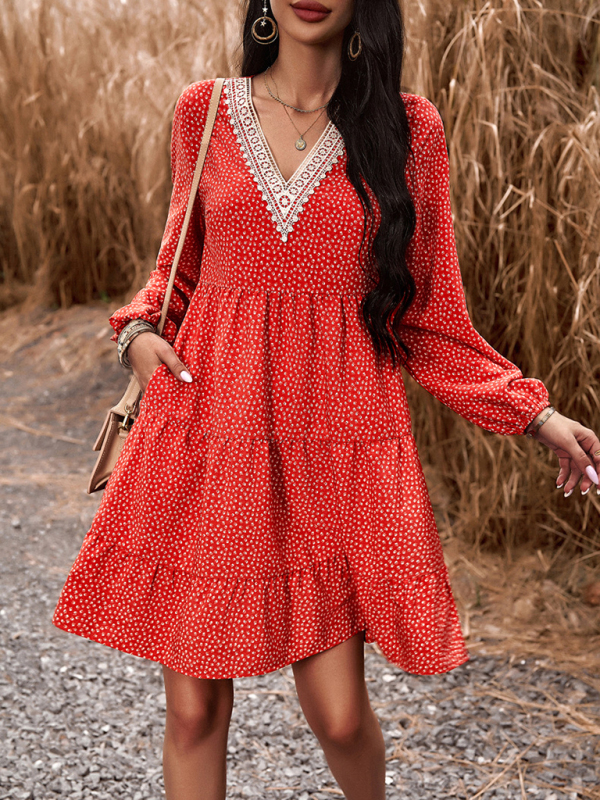 Floral Print Casual V-Neck Long-Sleeved Dress-chiquechics