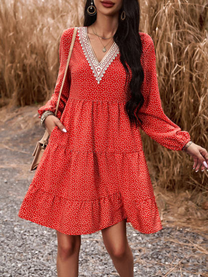 Floral Print Casual V-Neck Long-Sleeved Dress-chiquechics