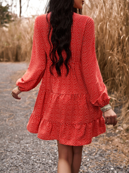 Floral Print Casual V-Neck Long-Sleeved Dress-chiquechics