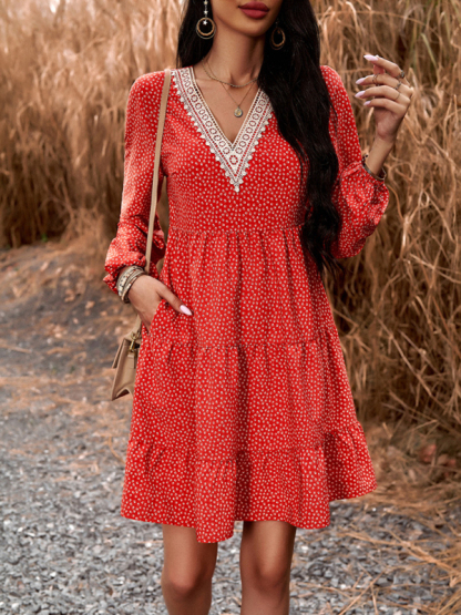 Floral Print Casual V-Neck Long-Sleeved Dress-chiquechics