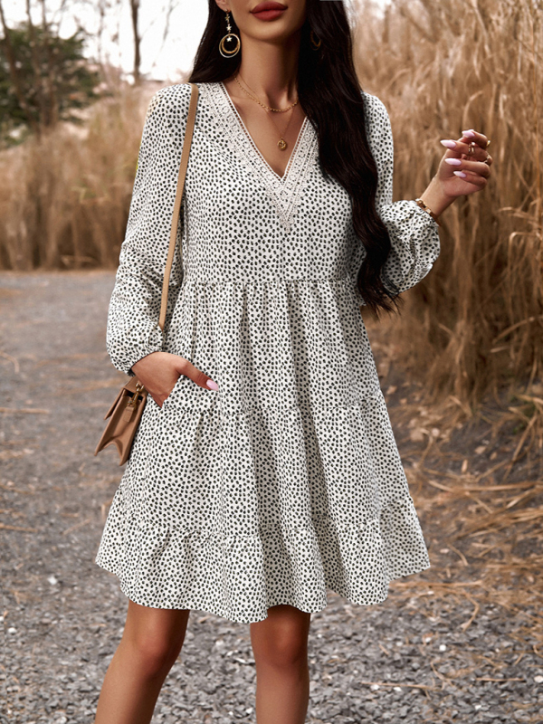 Floral Print Casual V-Neck Long-Sleeved Dress-chiquechics