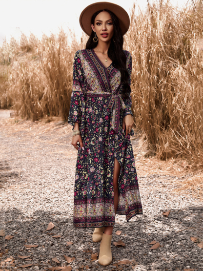 Elegant casual printed V-neck A-line dress-chiquechics