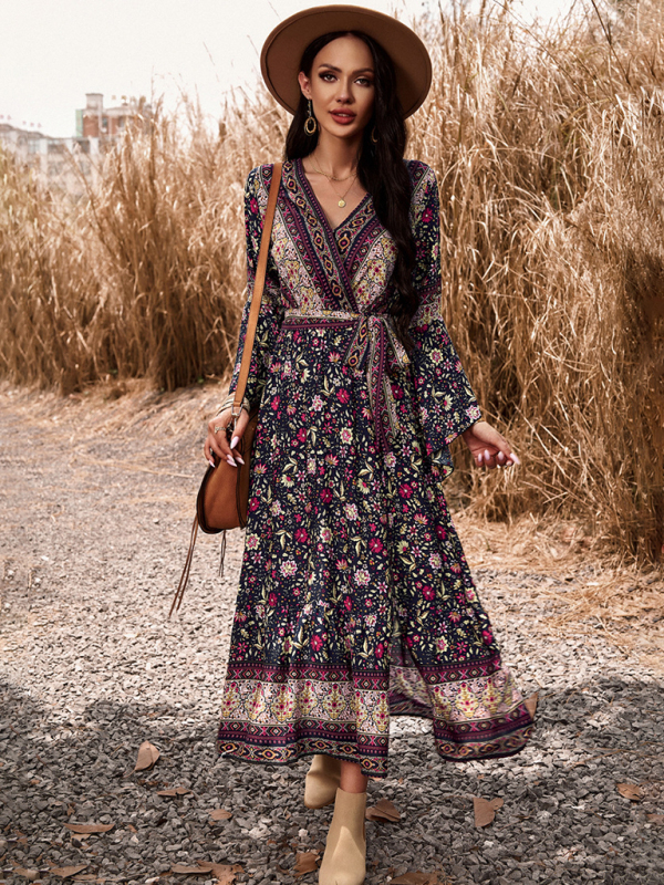 Elegant casual printed V-neck A-line dress-chiquechics