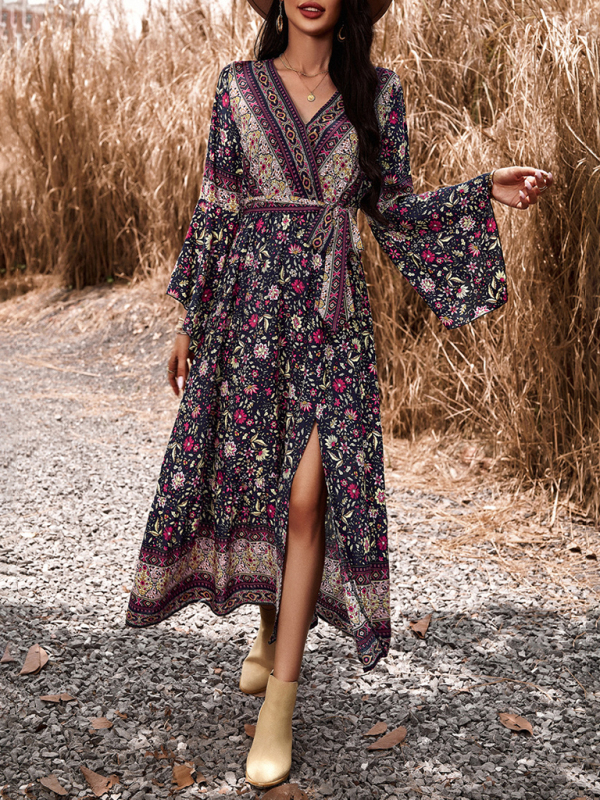 Elegant casual printed V-neck A-line dress-chiquechics