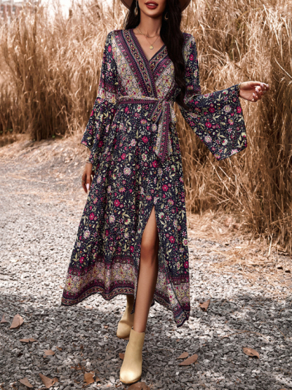 Elegant casual printed V-neck A-line dress-chiquechics