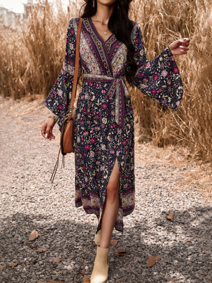 Elegant casual printed V-neck A-line dress-chiquechics